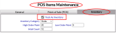 POS Items Maintenance screen Inventory tab with "Track as Inventory" check box selected and highlighted